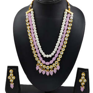 Gold Plated Kundan and Beads Multi-Layer Necklace Set NS501 BABY <b>PINK</b> Fashionable Layered Jewelry - Product Image 1