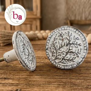Ba Cast Iron Industrial Kitchen Cabinet Knobs <b>Round</b> Rustic Floral Design Distressed White Finish for Drawer Furniture <b>Handles</b> - Product Image 1