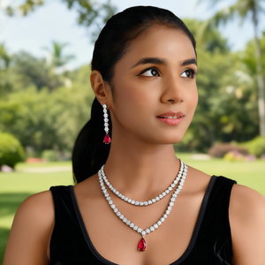 Platinum Plated Cubic Zirconia American Diamond <b>Bridal</b> <b>Jewelry</b> <b>Set</b> for Women-Necklace & Earrings - Product Image 3