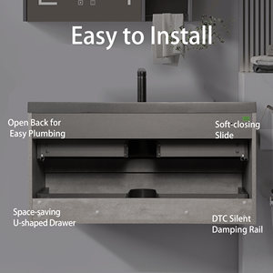 Mobile bagno moderno da 42 pollici a parete con lavabo in quarzo nero e mobiletto contenitore - Product Image 6