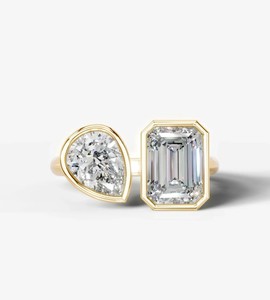 Pear <b>Emerald</b> Cut Bezel Setting Moissanite 925 Sterling <b>Silver</b> Yellow Gold Plated Two Stone Certified Luxury Bridal <b>Ring</b> - Product Image 1
