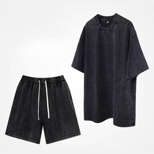 Men's Custom Logo <b>Plain</b> T Shirt and Shorts 2 Pieces Set Sport Wear Acid washed Outfits Solid Color Summer <b>Tracksuit</b> for Men - Product Image 4