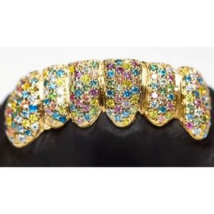 Grillz personnalisés en moissanite VVS avec pierres colorées, pour dents supérieures ou inférieures, en argent sterling, entièrement sertis de moissanite - Product Image 4