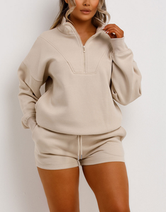 Custom OEM Logo Quick Dry Tracksuit Half Zip Women's Two Piece <b>Set</b> Oversized Sweatshirt & <b>Sexy</b> Hot Shorts Pant Cotton/Poly Blend - Product Image 5