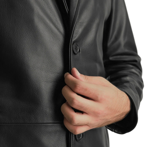<b>Men's</b> <b>Black</b> Genuine Leather Long Sleeve Trench Coat Notched Collar Knee Length <b>Overcoat</b> - Product Image 6