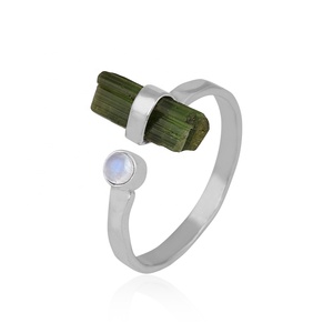 Geometric Natural Green Tourmaline & Moonstone 925 Silver <b>Adjustable</b> <b>Ring</b> Minimalist Gemstone Jewelry Everyday Wear Unisex - Product Image 1