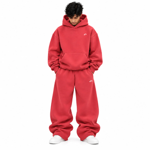 Y2K Men's <b>Red</b> 2PC Tracksuit Set Oversized <b>Hoodie</b> Baggy Sweatpants Drawstring Waist Kangaroo Pocket Relaxed Streetwear Front Logo - Product Image 1