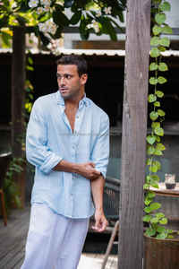 <b>Men</b> Sky Blue <b>Linen</b> Floral Breathable <b>Short</b> <b>Sleeve</b> Relaxed Fit Lightweight Summer Button Down NEVADA <b>Shirt</b> - Product Image 3