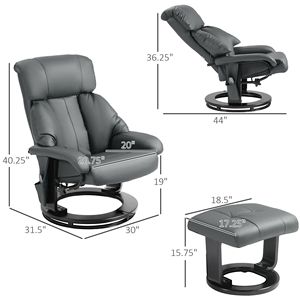 Poltrona Reclinabile Girevole con Massaggio, Poggiapiedi in Ecopelle, Telecomando e Tasca Laterale, Essenziale per il Soggiorno con Rivestimento Rimovibile - Product Image 3
