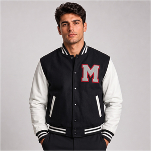 Men's Black <b>White</b> Varsity <b>Jacket</b> With Embroidered M Letter Preppy Style Regular Fit Autumn Wear Turn-down Collar - Product Image 1