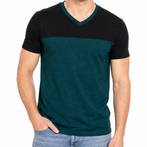 Camiseta de cuello en V lisa de alta calidad con logotipo personalizado para hombre, camiseta informal de manga corta de dos tonos en verde oscuro y negro. - Product Image 1