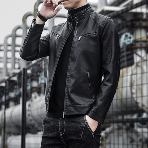 Chaqueta de Cuero PU Negra para Hombre, Cuello Alto, Cierre Frontal con Cremallera, Estilo Casual, para Motocicleta, Ropa de Invierno - Product Image 3