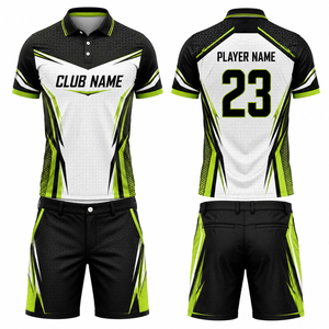 Ensemble polo et short de golf sportif pour femme MEGAMAPLE, noir et vert citron, imprimé géométrique, séchage rapide, col polo en spandex, taille élastique - Product Image 1