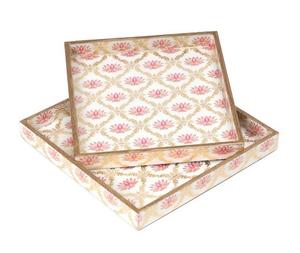 Set of 3 Elegant Rectangular MDF Printed Wooden Serving Trays Handmade Beige Gold Royal Motif Design Eco-Friendly <b>Enamel</b> Finish - Product Image 4