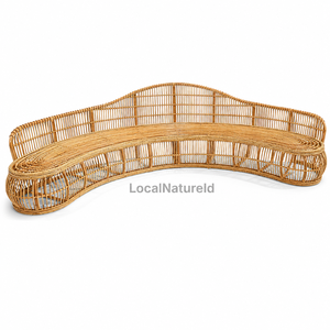 Sofá Cama Curvo de Ratán Estilo Mid-Century Moderno, Conjunto de Muebles de Exterior, Banco de Patio Tejido con Cojines Blancos Rellenos de Espuma para Sala de Estar - Product Image 3