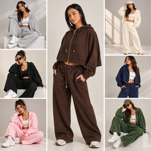 Bespoke Custom Loungewear Set Manufacturer <b>Cropped</b> Hoodie Wide Leg Pants Set OEM ODM Women's Tracksuit <b>Jogger</b> Sets Manufacturer - Product Image 3