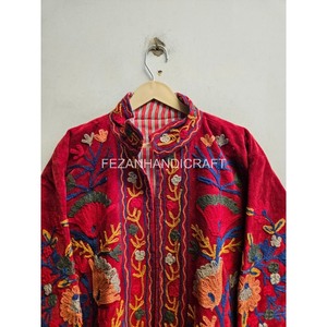 เสื้อแจ็คเก็ตผู้หญิงลำลอง แขนยาว คอตั้ง ผ้าฝ้ายบุนวม ลายดอกไม้ถักปักมือสีแดง สำหรับฤดูหนาว - Product Image 5