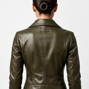 Veste en cuir vert olive pour femme, col large, fermeture éclair asymétrique, coupe ajustée, style motard, sur mesure, OEM, vente en gros - Product Image 2
