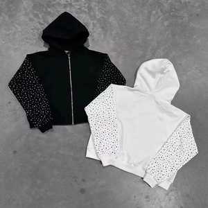 Sweat à capuche surdimensionné pour homme, de qualité supérieure, au design tendance, avec fermeture éclair et strass, en mélange polyester/coton, style vintage, en polaire pour le printemps - Product Image 5