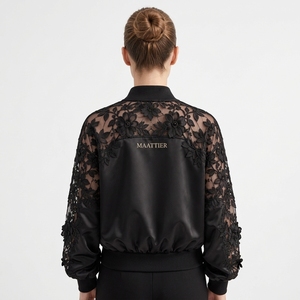 Chaqueta Bomber Negra de Satén para Mujer con Mangas de Encaje Floral Transparente, Cuello y Puños Acanalados, Elegante y a la Moda, Proveedor Mayorista Personalizado - Product Image 2