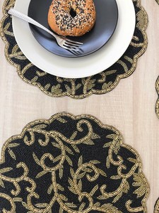 Handmade <b>Beaded</b> <b>Placemat</b>: Black & Gold Table Decor (14 inch) - Product Image 3