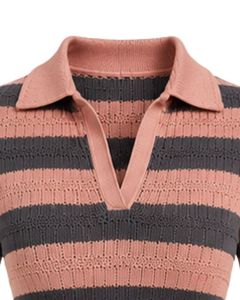 Mono de punto a rayas rosa rubor y carbón para mujer, manga corta, cuello polo, informal de verano, de una pieza, ajustado, personalizado - Product Image 5