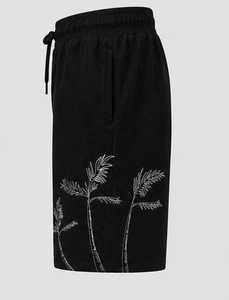 Shorts Bermuda Noirs pour Hommes, Taille Mi-Haute, Cordon de Serrage, Coton Brodé Palmiers, Style Décontracté - Product Image 3