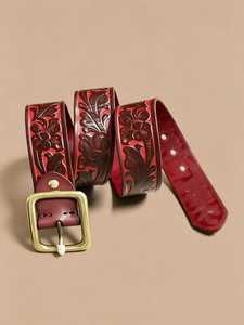 Cinturón Trenzado de Cuero Genuino Hecho a Mano con Diseño Floral Grabado, Artesanía Duradera, Transpirable, Estilo Casual y de Moda para Bodas - Product Image 2