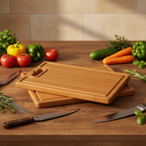 Planche à découper rectangulaire en bambou TianJiao, épaisseur 2,0 cm, pour cuisine, fromage et charcuterie, avec 2 compartiments intégrés - Product Image 4