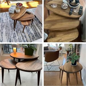 Juego de 3 Mesas Auxiliares Modernas de Mediados de Siglo, de Madera de Nogal Sólido, con Superficie de Mesa Pebble, para Sala de Estar, Regalo de Inauguración de Casa - Product Image 3