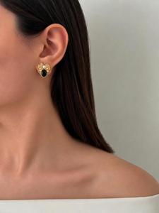 New Arrival Gold Plated Bow <b>Stud</b> Earrings with Black Teardrop Stone & Pearl Anti Tarnish Accent Wedding Daily Wear By Exima - Product Image 2