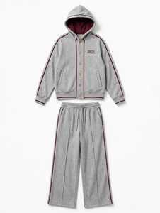 <b>Women</b> Gray Button Up Hooded Tracksuit <b>Set</b> Burgundy Trim Side Stripe Two Piece Sweatshirt <b>Jogger</b> <b>Set</b> - Product Image 2