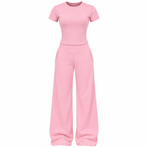 Ensemble de yoga deux pièces pour femmes personnalisé, taille haute, séchage rapide, tenue de sport rose - Product Image 1