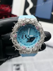 Montre de luxe sertie de diamants, bracelet en caoutchouc bleu, lunette en moissanite, affichage analogique-numérique, montre pour femme - Product Image 1