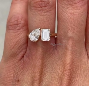 Luxury Yellow 2 Stone <b>Ring</b> Pear & <b>Emerald</b> Cut Two Stone Moissanite Diamond <b>Ring</b> for Women <b>Silver</b> Engagement Promise Wedding - Product Image 5