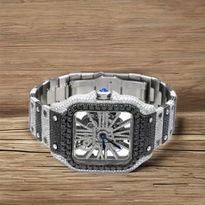 Montre squelette cloutée à diamants noirs et blancs-Montre ouverte à 100% mains, montre Moissanite de conception sur mesure d'Inde - Product Image 1