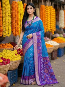 Designer pochampalli silk blend <b>saree</b> for women | wedding & - Product Image 4