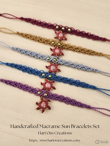 ชุดกำไลข้อมือมาคราเม่รูปดาวประดับคริสตัลสีชมพู สไตล์โบโฮ ปรับขนาดได้ ทำด้วยมือ สำหรับผู้หญิง - Product Image 3