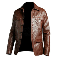 Jaket Pria Kulit Asli Cokelat Kanvas Ramah Lingkungan Slim Fit Kerah Lipat Penutup Ritsleting Gaya Kasual Pakaian Musim Gugur Ukuran Reguler