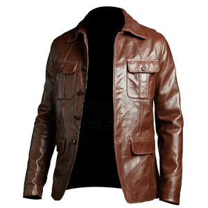 Veste en cuir véritable marron pour homme, col rabattu, fermeture à boutons, style décontracté, vêtement d'automne, longueur normale, couleur unie - Product Image 1