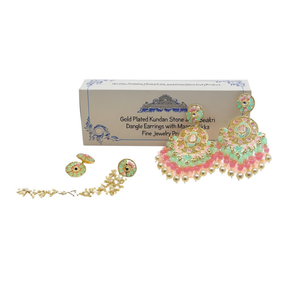 <b>Gold</b> Plated Kundan Stone and Beads Meenakari <b>Dangle</b> <b>Earrings</b> with Maangtikka Fine Jewelry Product - Product Image 2