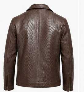 Veste en cuir marron gaufré pour homme Champ King avec doublure en satin vert, col montant et fermeture éclair - Product Image 6