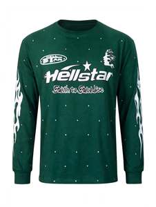 Custom Dark Green Hellstar Graphic <b>Flame</b> Sleeve Print Long Sleeve T <b>Shirt</b> High Quality Vintage Streetwear Oversized Heavyweight - Product Image 1