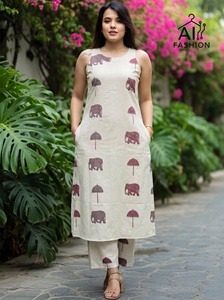 Kurti en coton beige pour femme, imprimé éléphant, coupe ample, longueur cheville, style décontracté, Inde Pakistan, toutes saisons - Product Image 2
