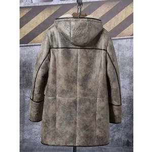 Veste en cuir véritable marron pour homme avec doublure en sherpa, col rabattable, fermeture éclair, coupe-vent, manteau long d'hiver, style workwear - Product Image 2