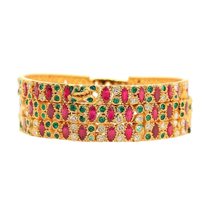 24K Gold Plated Copper Bangles with <b>Ruby</b> and Green American Diamonds Bezel Set Trendy Engagement <b>Bracelets</b> - Product Image 2