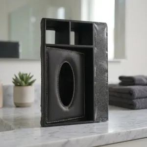 Leather Tissue Box Holder With Oval Cutout <b>Black</b> Color Portable Design For Car <b>Console</b> Storage - Product Image 5