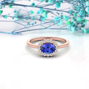 Asian Manufacturer IGI Certified 1mm Diamond Halo <b>Ring</b> With 7X5MM Oval Cut Tanzanite Gemstone In 14K Solid Gold Wedding Jewelry - Product Image 4