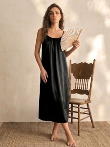 Elegant Black Satin 100% Silk V-neck Elastic Waist <b>Sleeveless</b> Nightgown Loose Fit Knee Length Solid Color Thermal Plus Size - Product Image 4