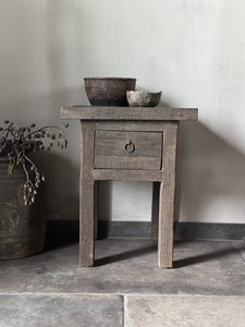 Rustic Driftwood Small <b>Side</b> Table Nightstand with Single <b>Drawer</b> and Natural Weathered Finish <b>Bedroom</b> Furniture - Product Image 1